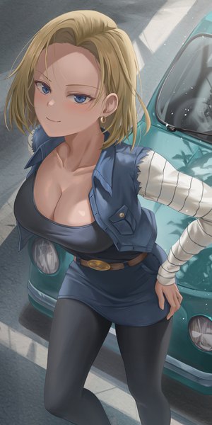 Anime picture 2655x5310 with dragon ball dragon ball z android 18 free style (yohan1754) single tall image looking at viewer blush highres short hair breasts blue eyes light erotic blonde hair smile large breasts standing cleavage long sleeves from above