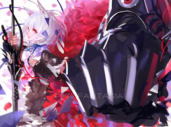 Anime picture 1400x1040 with original pixiv fantasia pixiv fantasia t kinven single looking at viewer fringe short hair red eyes standing holding signed white hair profile copyright name girl dress flower (flowers) ribbon (ribbons) weapon