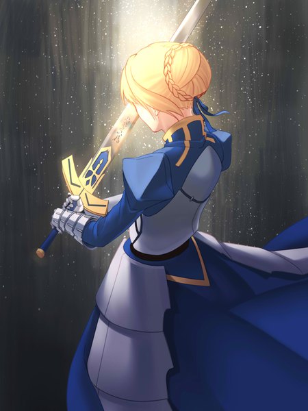 Anime picture 2400x3200 with fate (series) fate/stay night artoria pendragon (all) saber fork (357022) single tall image highres short hair blonde hair braid (braids) from above glow girl dress ribbon (ribbons) weapon hair ribbon sword armor