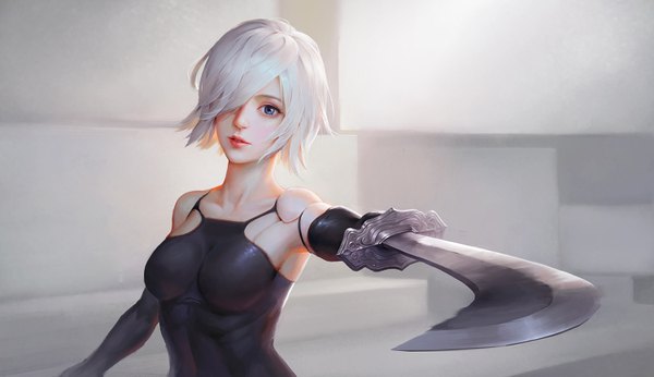 Anime picture 1500x866 with nier nier:automata yorha type a no. 2 wenfei ye single looking at viewer fringe short hair breasts blue eyes wide image standing bare shoulders holding silver hair upper body parted lips lips hair over one eye realistic