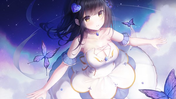 Anime picture 6668x3751 with original immi immi single long hair blush fringe highres breasts light erotic black hair wide image large breasts bare shoulders yellow eyes looking away absurdres cleavage cloud (clouds) blunt bangs parted lips