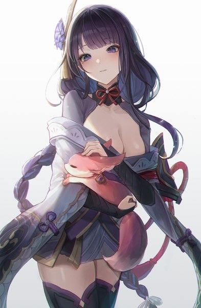 Anime picture 1900x2904 with genshin impact raiden shogun yae miko yae miko (fox) lunia single long hair tall image looking at viewer blush fringe highres breasts light erotic simple background large breasts standing white background purple eyes cleavage