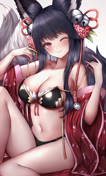 Anime picture 3336x5528 with granblue fantasy yuel (granblue fantasy) snm (sunimi) single long hair tall image looking at viewer blush fringe highres breasts light erotic black hair large breasts sitting animal ears absurdres cleavage blunt bangs parted lips