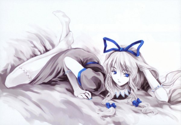 Anime picture 1940x1348 with touhou yakumo yukari cradle (artist) single long hair highres blue eyes monochrome girl thighhighs gloves bow ribbon (ribbons) bed