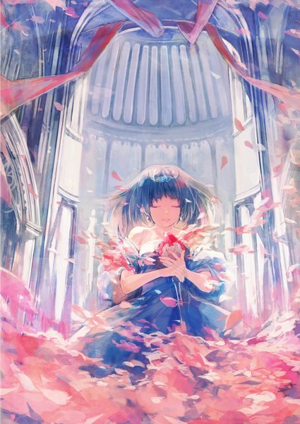 Anime picture 1075x1518 with original li-e (pixiv) single tall image short hair open mouth bare shoulders blue hair eyes closed girl dress hair ornament earrings petals jewelry crown tiara blue dress