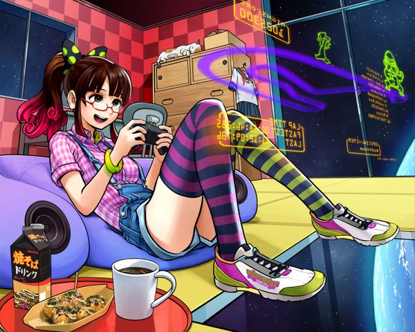 Anime picture 1249x1000 with original kiharatotsunori (artist) single long hair open mouth brown hair ponytail black eyes girl thighhighs glasses serafuku food cat striped thighhighs cup sneakers overalls playstation takoyaki