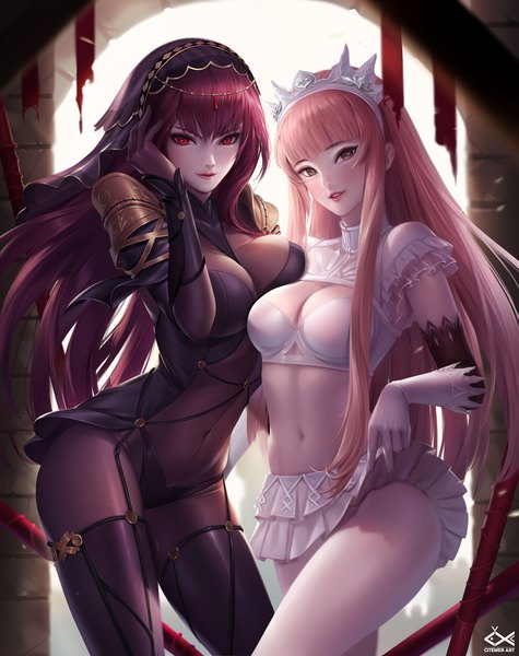 Anime picture 1173x1480 with fate (series) fate/grand order scathach (fate) (all) scathach (fate) medb (fate) gu-ko citemer long hair tall image looking at viewer blush fringe breasts light erotic hair between eyes red eyes large breasts standing multiple girls brown eyes signed