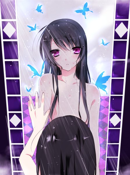 Anime picture 1936x2600 with accel world sunrise (studio) kuroyukihime g98455 long hair tall image highres light erotic black hair purple eyes reflection girl insect butterfly mirror
