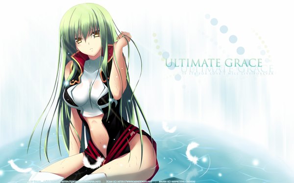 Anime picture 1920x1200 with code geass sunrise (studio) c.c. zinno single long hair looking at viewer fringe highres breasts light erotic wide image sitting bare shoulders yellow eyes payot green hair girl water