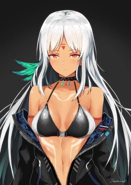 Anime picture 990x1400 with azur lane massachusetts (azur lane) septoleaf single long hair tall image looking at viewer blush fringe breasts light erotic simple background bare shoulders signed payot cleavage white hair light smile off shoulder orange eyes