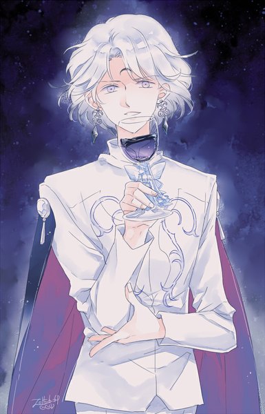 Anime picture 648x1008 with bishoujo senshi sailor moon toei animation prince diamond saki (hxaxcxk) single tall image looking at viewer short hair smile standing purple eyes holding purple hair white hair light smile dark background crossed arms purple background boy earrings