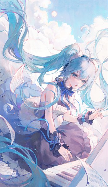 Anime picture 1951x3364 with 7th dragon 2020 vocaloid hatsune miku maccha (mochancc) single tall image looking at viewer fringe highres open mouth hair between eyes twintails sky cloud (clouds) ahoge very long hair aqua eyes aqua hair playing instrument girl