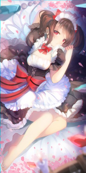 Anime-Bild 700x1400 mit love live! school idol project sunrise (studio) love live! yazawa nico fuyouchu single long hair tall image looking at viewer fringe red eyes brown hair twintails bent knee (knees) lying barefoot bare legs maid no shoes lacing