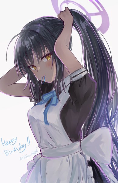 Anime picture 1166x1800 with blue archive karin (blue archive) sese nagi single long hair tall image looking at viewer blush black hair simple background white background yellow eyes payot upper body ponytail maid dark skin adjusting hair happy birthday tying hair