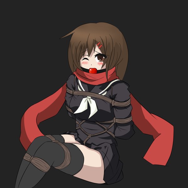 Anime picture 800x800 with kagerou project shaft (studio) tateyama ayano femuto single looking at viewer blush fringe short hair breasts light erotic simple background brown hair sitting brown eyes long sleeves one eye closed zettai ryouiki black background hands behind back