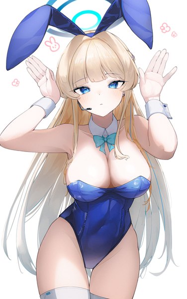 Anime picture 4080x6507 with blue archive toki (blue archive) toki (bunny) (blue archive) yeoni mon single long hair tall image looking at viewer blush fringe highres breasts blue eyes light erotic simple background blonde hair large breasts standing white background animal ears