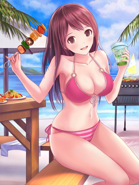 Anime picture 600x800 with original dorakyura single long hair tall image looking at viewer blush fringe breasts open mouth light erotic smile brown hair large breasts sitting bare shoulders holding brown eyes sky cloud (clouds)