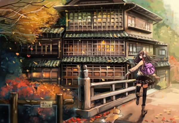Anime picture 1500x1036 with original minhoo single long hair looking at viewer fringe brown hair profile pleated skirt looking back from behind shadow zettai ryouiki back autumn running girl skirt uniform plant (plants)