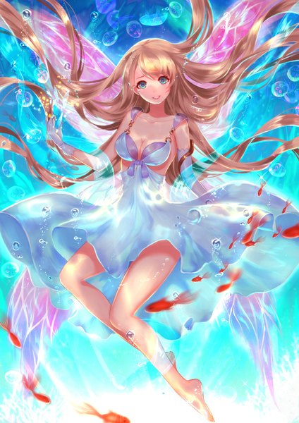 Anime picture 600x849 with original rua (k-tie) single tall image looking at viewer fringe breasts blue eyes blonde hair smile large breasts cleavage bent knee (knees) very long hair bare legs no shoes floating hair spread arms underwater underbust