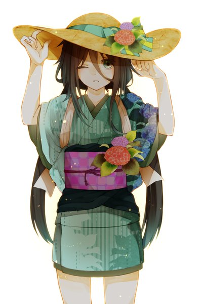 Anime picture 1240x1846 with original hokano single long hair tall image looking at viewer blush open mouth blue eyes black hair twintails japanese clothes one eye closed wink girl flower (flowers) ribbon (ribbons) hat kimono hat ribbon