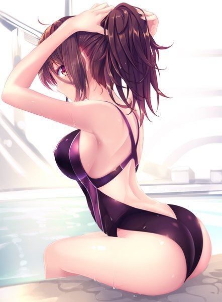 Anime picture 891x1210 with original haruka natsuki single long hair tall image looking at viewer fringe breasts light erotic brown hair large breasts sitting purple eyes holding ahoge ass profile mouth hold adjusting hair covered nipples