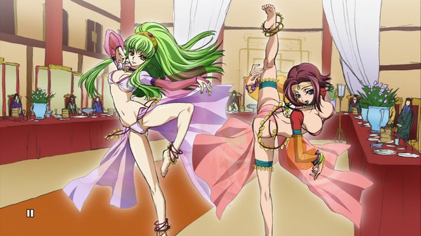 Anime picture 1920x1080 with code geass sunrise (studio) c.c. kallen stadtfeld long hair highres short hair breasts blue eyes light erotic wide image large breasts multiple girls yellow eyes ass red hair barefoot green hair legs thighs