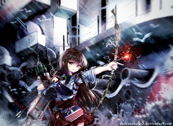 Anime picture 1000x730 with kantai collection akagi aircraft carrier daikazoku63 single long hair brown hair brown eyes traditional clothes torn clothes girl weapon animal armor bird (birds) blood single glove splashes bow (weapon) arrow (arrows) watercraft