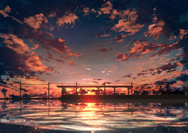Anime picture 4093x2894 with original abisswalker8 highres absurdres sky cloud (clouds) sunlight evening reflection sunset horizon no people scenic water sea bench power lines train station