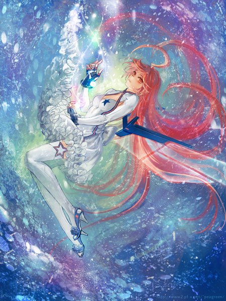 Anime picture 600x800 with vocaloid miki (vocaloid) yamakawa umi single tall image looking at viewer fringe red eyes signed full body ahoge bent knee (knees) red hair very long hair space weightlessness star print mechanical wings girl thighhighs
