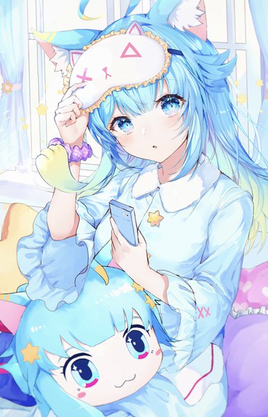 Anime picture 3378x5254 with virtual youtuber indie virtual youtuber lanmewko noyu (noyu23386566) single long hair tall image looking at viewer blush fringe highres open mouth blue eyes sitting holding animal ears blue hair absurdres ahoge indoors