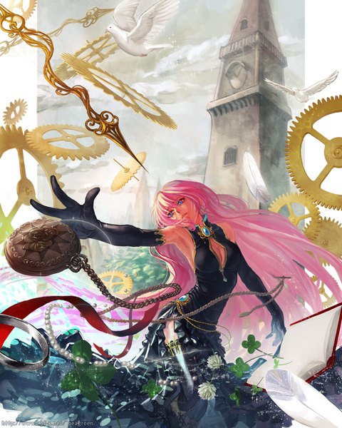 Anime picture 720x900 with vocaloid megurine luka yamakawa umi single long hair tall image fringe blue eyes signed looking away pink hair sky cleavage cloud (clouds) outstretched arm side slit girl thighhighs dress gloves