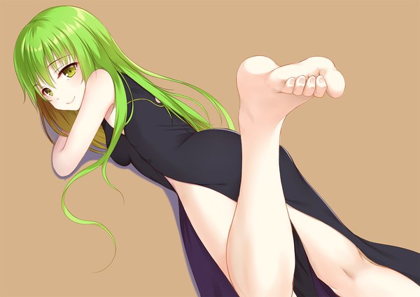 Anime picture 1600x1131 with code geass sunrise (studio) c.c. flan (seeyouflan) single long hair looking at viewer fringe breasts simple background smile hair between eyes bare shoulders green eyes ass lying traditional clothes looking back multicolored hair barefoot