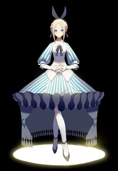 Anime picture 570x825 with original yamakawa single tall image looking at viewer fringe blue eyes simple background standing puffy sleeves black background light hands clasped crossed legs (standing) girl dress ribbon (ribbons)