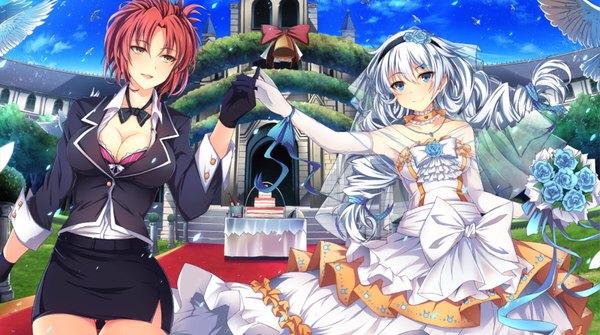 Anime picture 1800x1005 with benghuai xueyuan benghuai xueyuan 2 honkai (series) kiana kaslana jianren long hair highres short hair breasts blue eyes smile wide image multiple girls brown eyes cleavage white hair red hair girl dress skirt