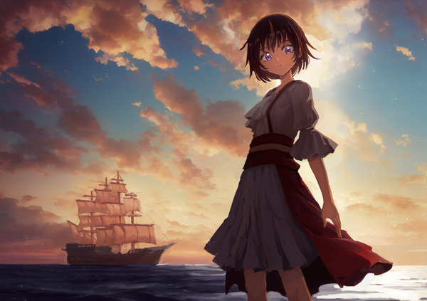 Anime picture 2178x1536 with original rune (dualhart) single looking at viewer fringe highres short hair brown hair standing purple eyes sky cloud (clouds) outdoors horizon :c girl dress white dress sea ascot