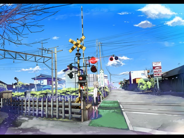 Anime picture 1056x792 with ryouma (galley) sky cloud (clouds) landscape street skirt uniform school uniform railroad tracks railway signal crossing