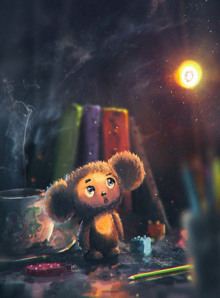 Anime picture 1500x2025 with original cheburashka sylar113 tall image open mouth blue eyes light steam fur book (books) toy cup teacup pencil