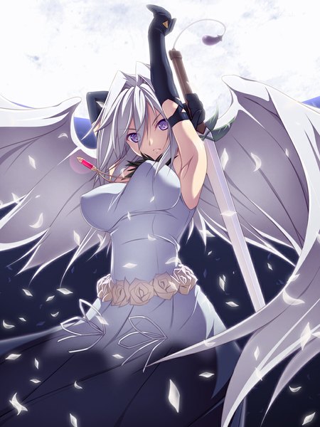Anime picture 750x1000 with yumekui merry engi threepiece nakano sora tall image looking at viewer fringe short hair breasts light erotic white background purple eyes holding silver hair night fighting stance serious glow dress gloves flower (flowers)
