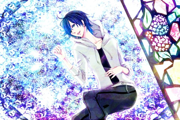 Anime picture 1800x1200 with nico nico singer pointfive(.5) asamaru (pointfive) single looking at viewer highres short hair open mouth blue eyes smile blue hair lying aqua eyes open clothes open jacket boy jacket t-shirt stained glass