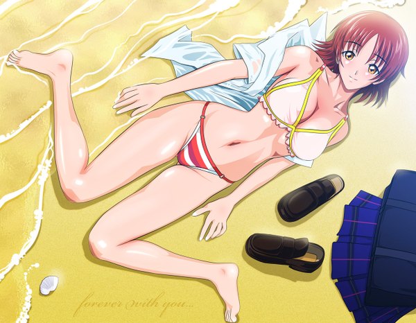 Anime picture 1280x996 with tokimeki memorial hoshikawa maki shopyun short hair yellow eyes red hair barefoot beach girl navel swimsuit bikini shirt water sea