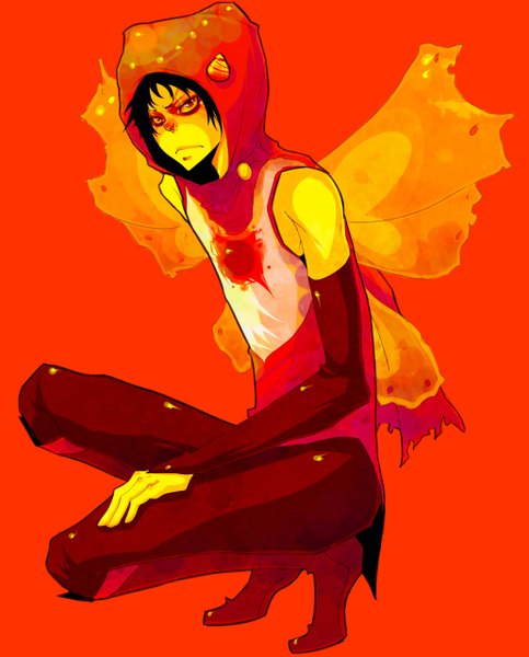 Anime picture 1030x1280 with homestuck karkat vantas spazmaggot single tall image short hair black hair simple background bare shoulders horn (horns) squat red background insect wings butterfly wings boy detached sleeves hood