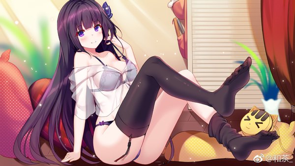 Anime picture 2048x1152 with tricolour lovestory wen zhi kazucha single long hair looking at viewer blush fringe highres breasts light erotic smile wide image sitting purple eyes signed payot purple hair full body ass