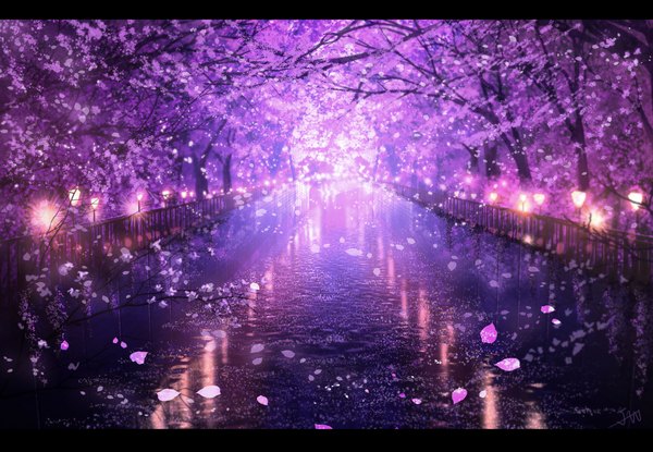 Anime-Bild 3449x2384 mit original skyrick9413 highres absurdres outdoors cherry blossoms reflection letterboxed no people river spring plant (plants) petals tree (trees) water lantern railing