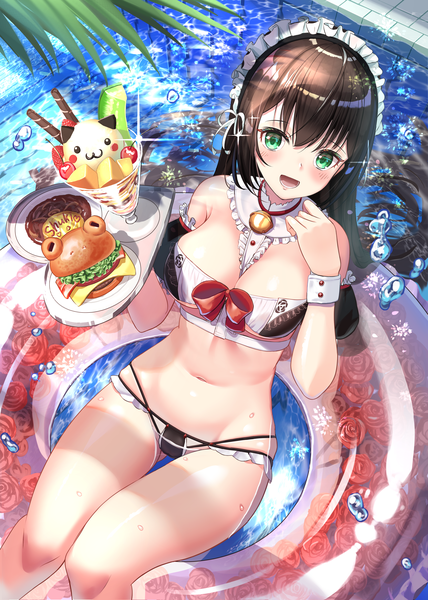 Anime picture 2976x4175 with original wander00317 (akihirotanisi) single long hair tall image looking at viewer blush fringe highres breasts open mouth light erotic black hair smile hair between eyes large breasts holding green eyes cleavage outdoors