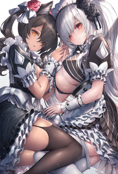 Anime picture 3894x5728 with destiny child sytry (destiny child) serket (destiny child) snm (sunimi) long hair tall image looking at viewer fringe highres breasts open mouth light erotic black hair smile hair between eyes red eyes large breasts twintails multiple girls animal ears