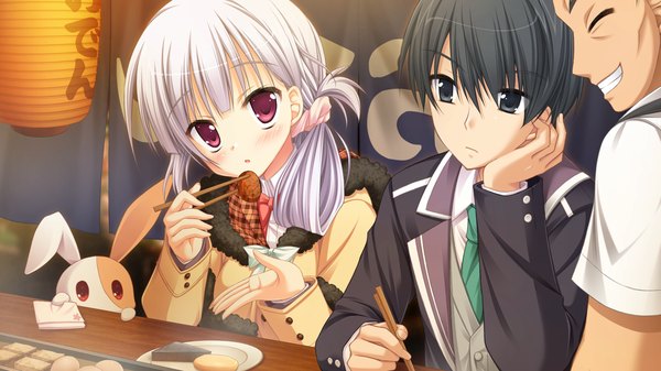 Anime picture 1280x720 with hatsuyuki sakura tamaki sakura moribe (rabumanyo) long hair blush black hair wide image purple eyes game cg purple hair black eyes girl boy food jacket