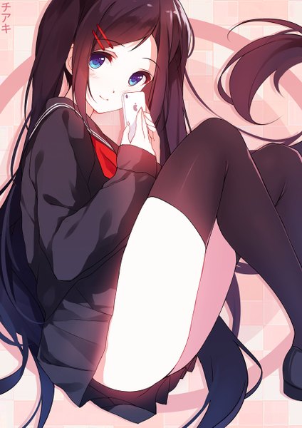 Anime picture 900x1273 with original apple inc. caidychen single long hair tall image looking at viewer blush blue eyes light erotic brown hair bent knee (knees) lying legs on side girl thighhighs skirt uniform hair ornament