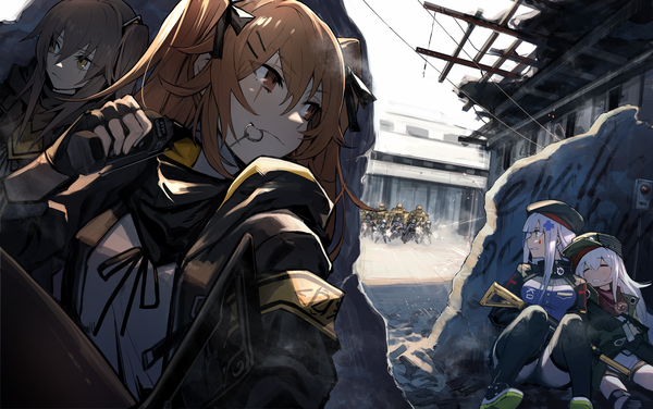 Anime picture 3600x2260 with girls frontline hk416 (girls frontline) ump45 (girls frontline) ump9 (girls frontline) g11 (girls frontline) mephist long hair fringe highres open mouth hair between eyes brown hair sitting twintails multiple girls holding brown eyes green eyes yellow eyes looking away