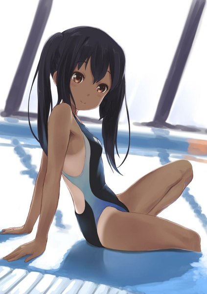 Anime picture 816x1158 with k-on! kyoto animation nakano azusa wa (genryusui) single long hair tall image looking at viewer light erotic black hair sitting twintails brown eyes light smile tan tan lines girl swimsuit one-piece swimsuit pool