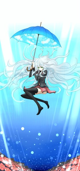 Anime picture 1287x2739 with original azure luna single tall image silver hair very long hair aqua eyes underwater sky print girl thighhighs skirt black thighhighs miniskirt umbrella